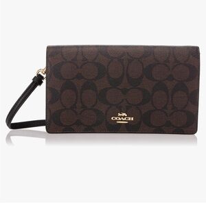 Coach Anna Foldover Crossbody Clutch in Signature Coated Canvas Brown Black